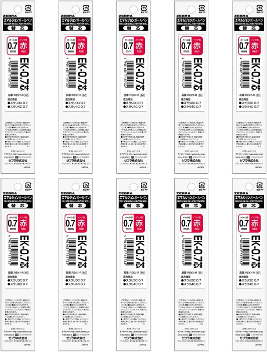 ZEBRA B-REK7-R Ballpoint Pen Refills, Slari, Multicolor, Multi-Functional, EK-0.7 Cores, Red, 10 Pieces