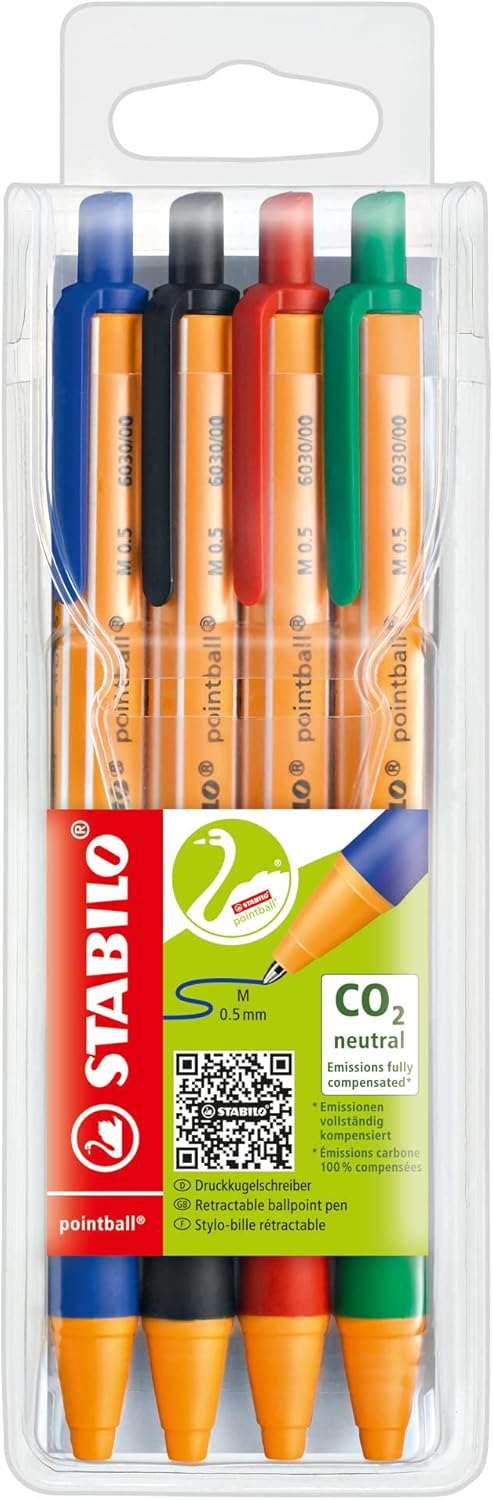 STABILO Ballpoint Pen pointball - Pack of 4 - Blue, Black, Red Green, Made From Recycled Plastic, Retractable, Medium Point