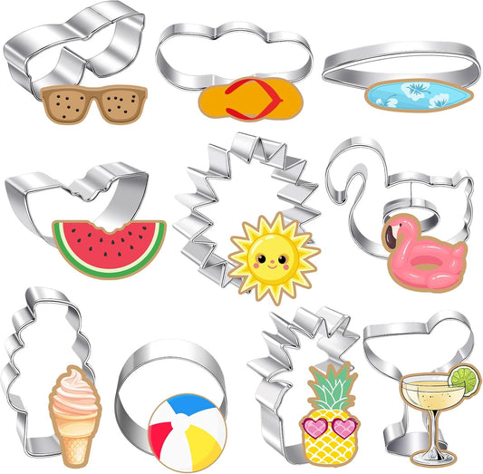 Didaey 10 Pieces Summer Pool Cookie Cutters Pineapple, Ice Cream, Flamingo, Flip Flop Sunglasses, Watermelon Cookie Cutters Molds for Summer Tropical Beach Pool Party Supplies Decorations