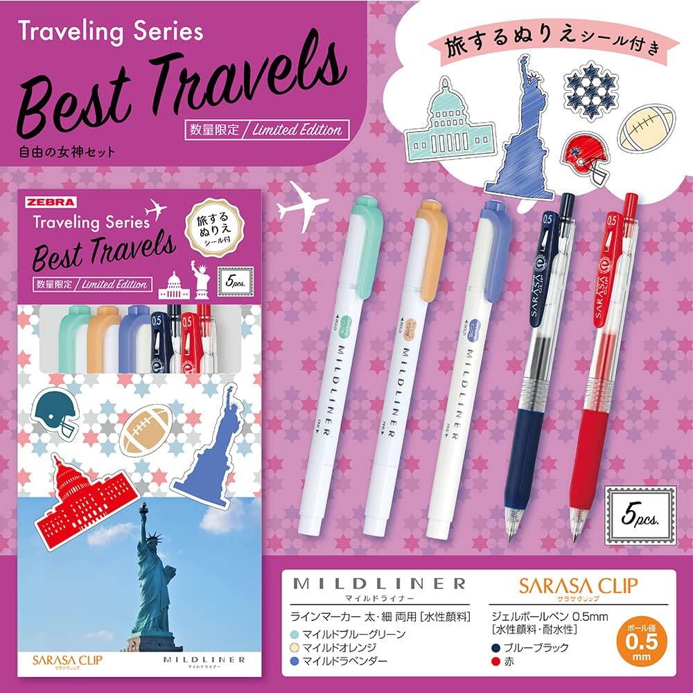 ZEBRA SE-TR-5CU Sarasa Clip Mildliner Set, Traveling Series, Statue of Liberty, Mixed 5-Piece Set