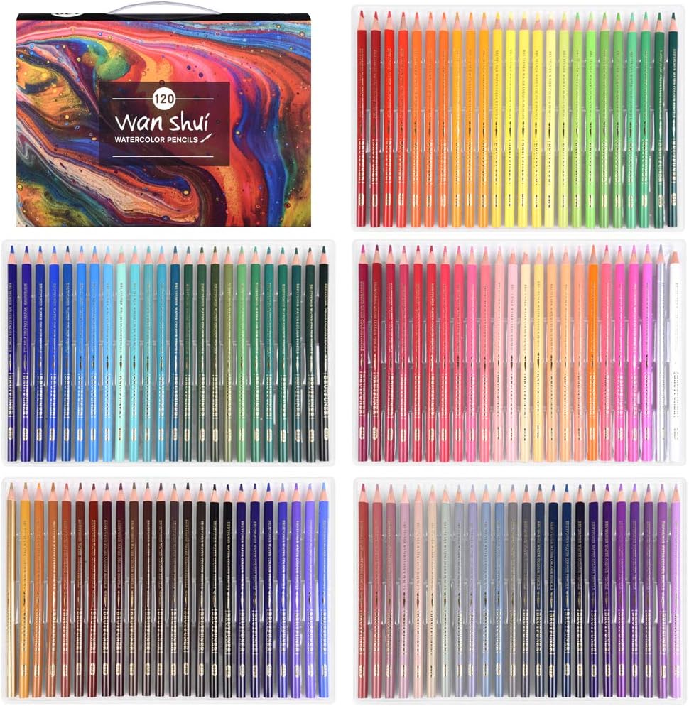 Wanshui 120 Watercolor Pencils - Premium Soft Core 120 Unique Colors No Duplicates Pre-sharpened Color Pencil Set for Adult Coloring Books, Artist Drawing, Sketching, Crafting