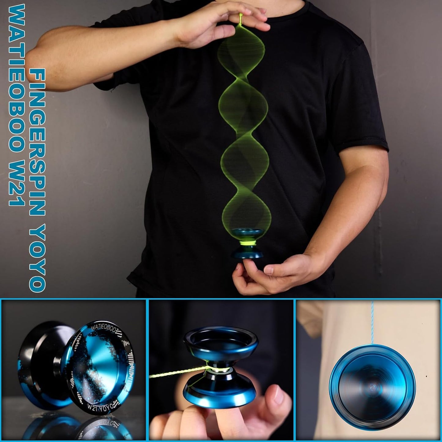 WATIEOBOO Yoyo R8 Responsive Yoyo for Kids 8-12,,Professional Unresponsive Yoyo for Adults Pro Metal Trick Yoyo with Yo Yo Bearing Kit 10 Strings, Case & Gloves (W21-Black and Blue)