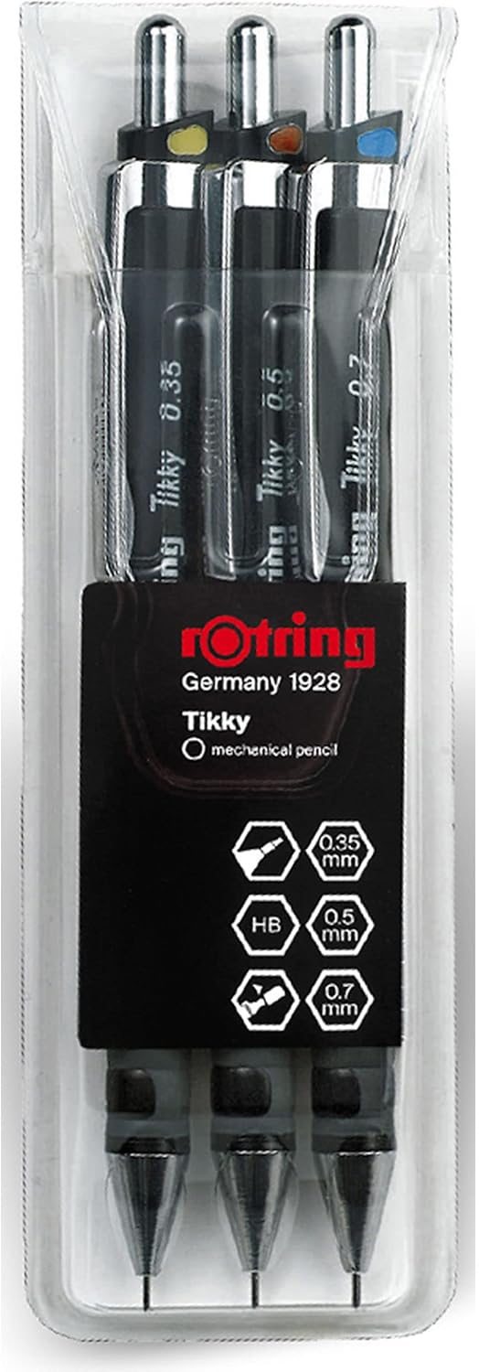 rOtring S0801310 Tikky Mechanical Pencil, Black Barrel, 3-Piece Set
