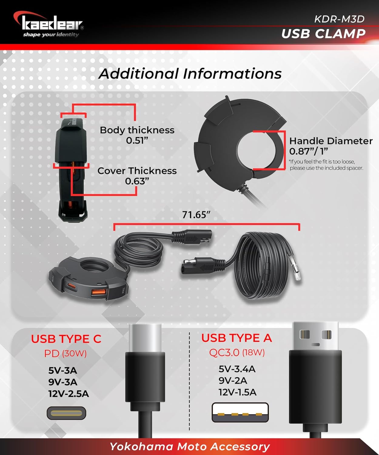 Kaedear KDR-M3D Motorcycle, USB Power Supply, USB Waterproof, Charging, Type A, Type C, 2 Ports, Output PD(30W) + QC3.0 (18W) SAE DC 12V