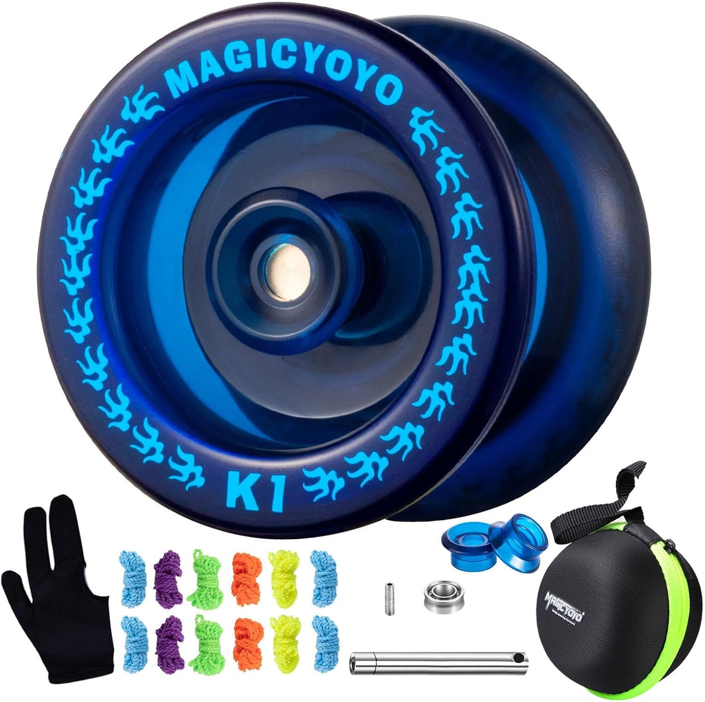 MAGICYOYO Responsive Yoyo K1 Tug Return Yo yo, Hubstacks Yo-yo for Kids Beginners Dual Purpose Yo Yo with Unresponsive Bearing, Storage Bag + 12 Yoyo Strings +Yo-Yo Glove +2 Yo yo Hubstacks (Blue)