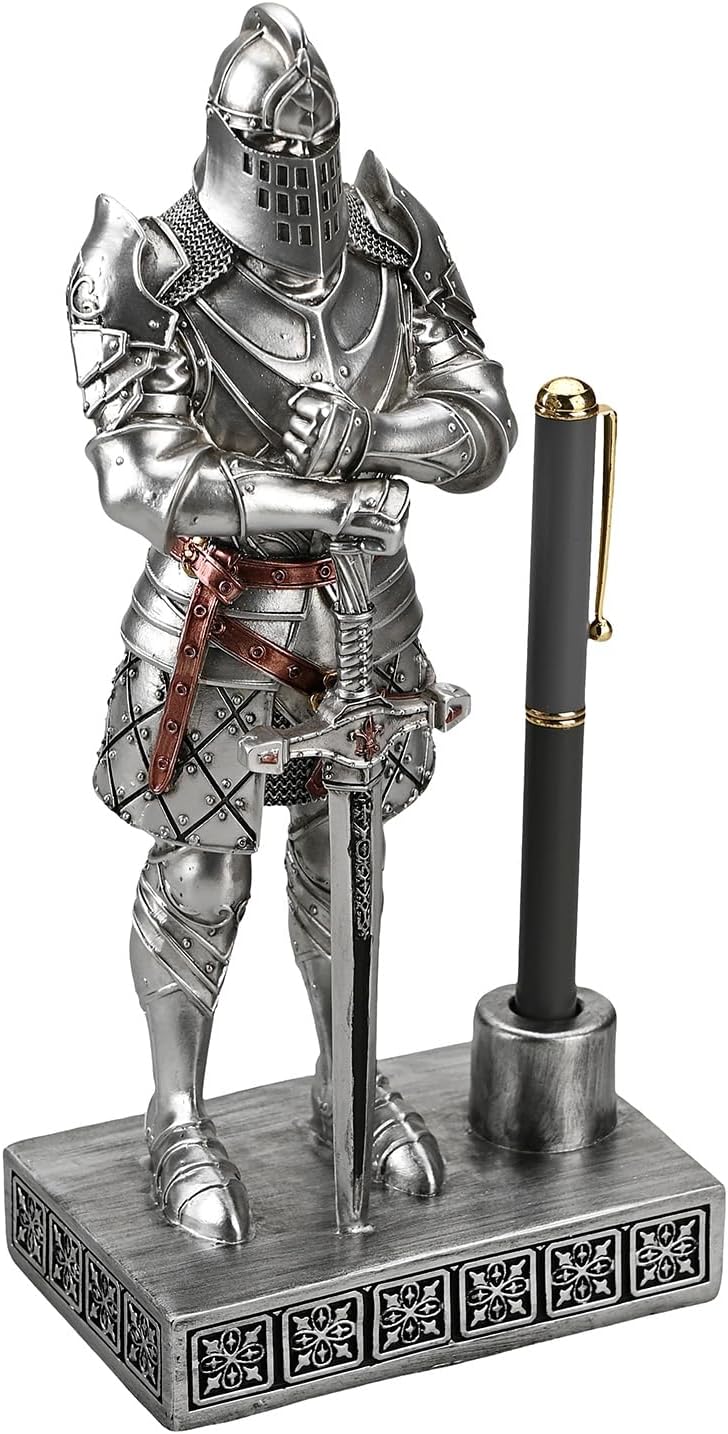 HDMbigmi King's Guard Knight Pen Stand Statue Office Pen Stand Desk Organizer For Men Top Collection as Gift 9.45 Inches (Silver)