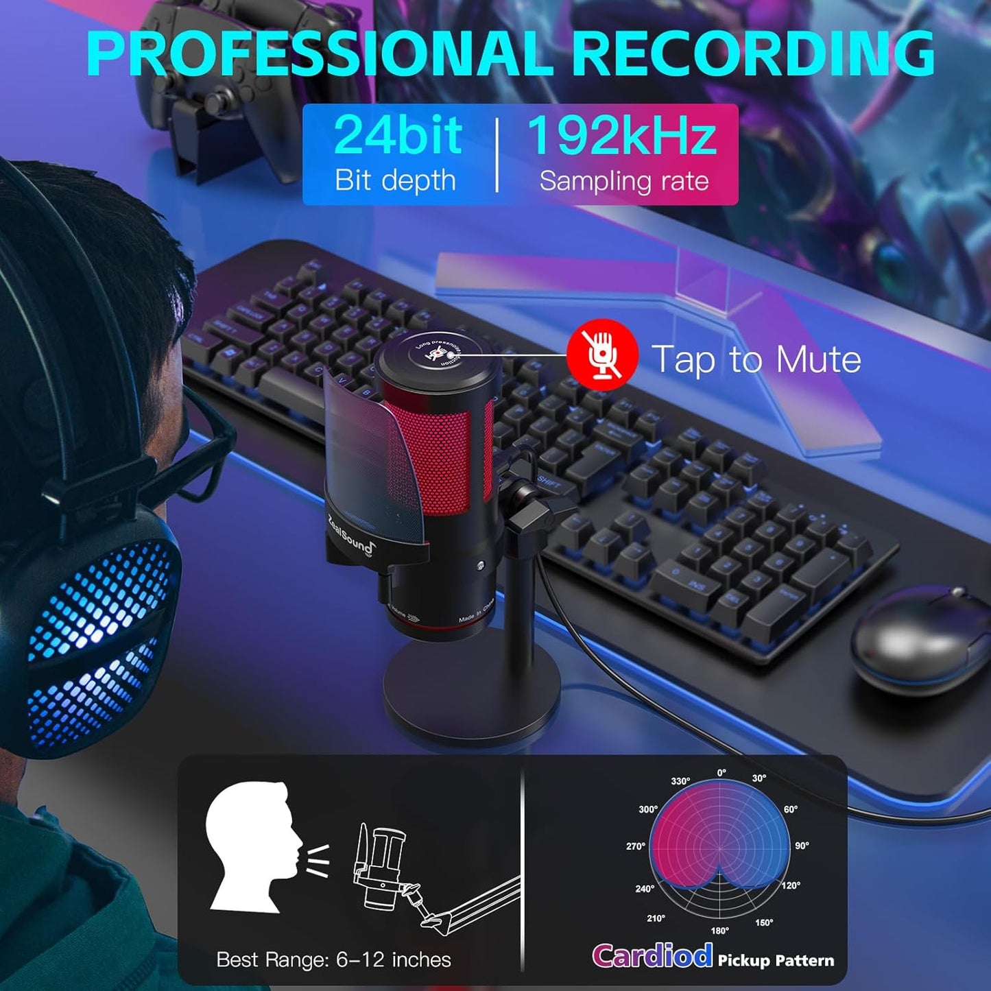 ZealSound Gaming USB Microphone,Noise Cancellation Condenser mic with RGB Light,Touch Mute,Gain,Monitoring for Streaming,Podcast,Twitch,YouTube,Discord,iPhone,iPad,PC,Computer,PS4,PS5,Mac,GamerWave
