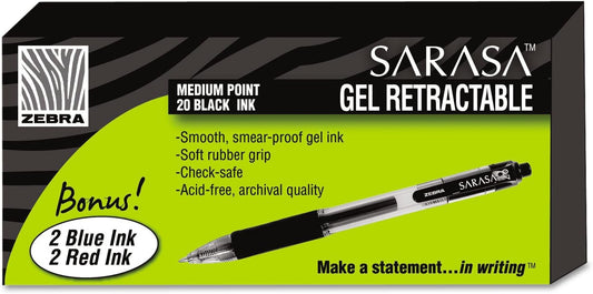 ZEBRA 14680 Sarasa Retractable Gel Pen, Black Ink, Medium, 24/Pack