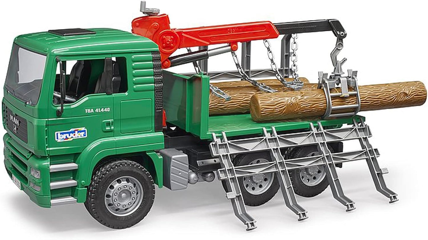 Bruder Toys - Forestry MAN Timber Truck with Fully Functioning Loading Crane, Tilting Loading Bed, and 3 Loadable Trunks - Ages 4+