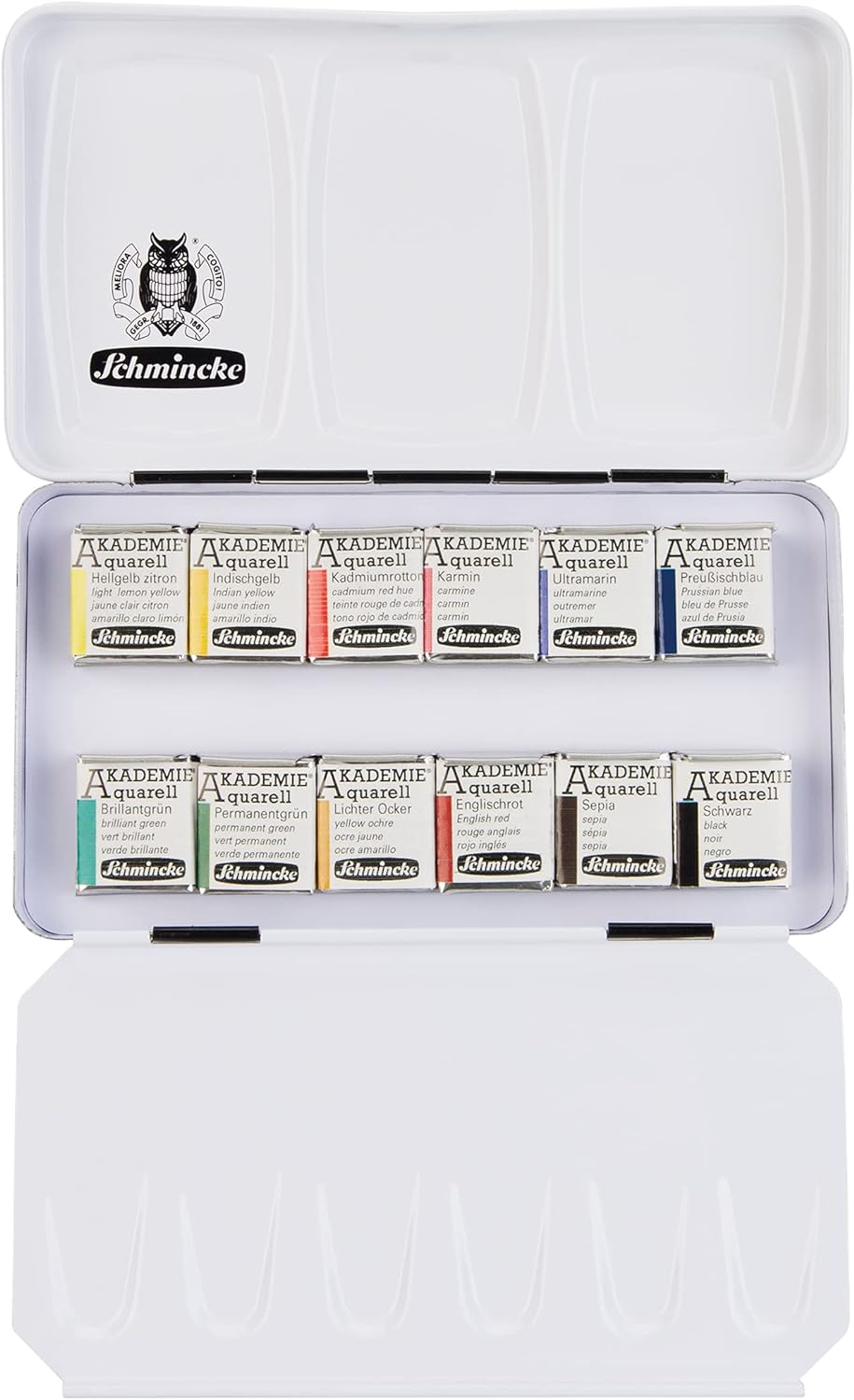 Schmincke - AKADEMIE??AQUARELL Watercolor Compact Color Box, Basic Assortment 12 x 1/2 Pans, 75 112 097, Metal Box, Highly lightfast Colors, fine Artists' Watercolors