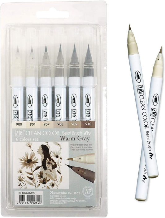 Kuretake ZIG Clean Color Real Brush Marker, Flexible Brush Tips, Watercolor Pens for Painting, Drawing, Calligraphy and Brush Lettering for Artists, Made in Japan (6 Warm Gray Colors set)