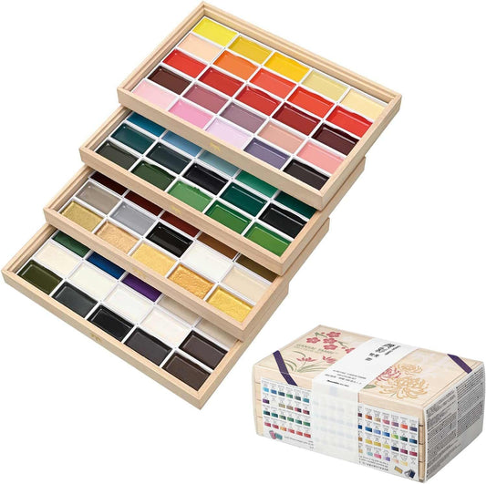 Kuretake GANSAI TAMBI Watercolor Paint Set, 100 Color, Beautiful Wooden Box, Professional-Quality for Artists, for Adult, Made in Japan