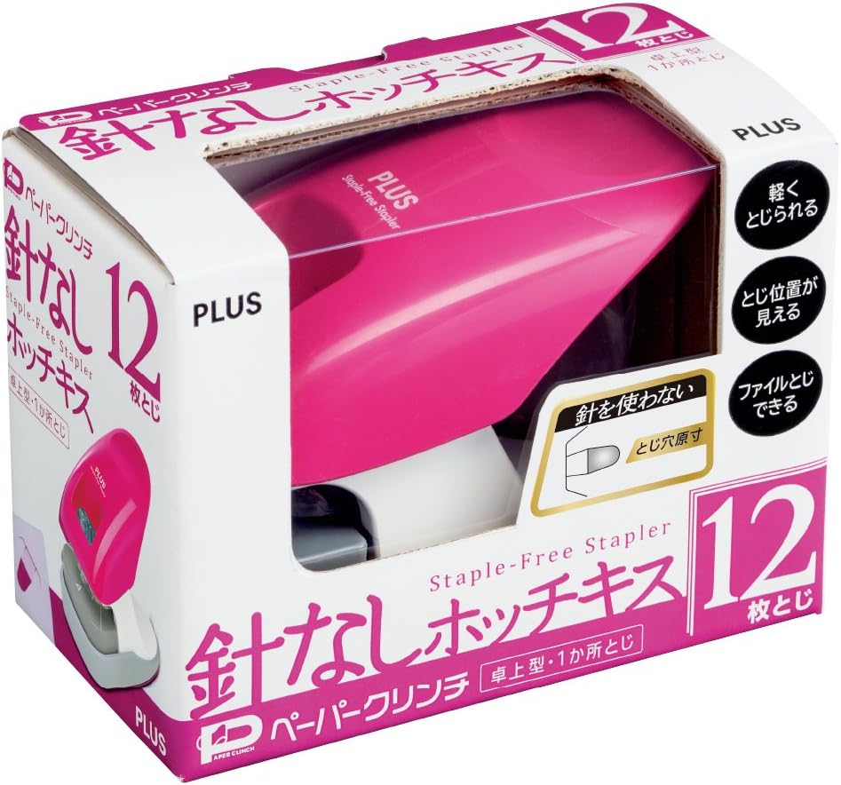Plus 31-212 Plus Stapler Non-Needle Stapler Paper Clinch Tabletop 12 Bound Pink