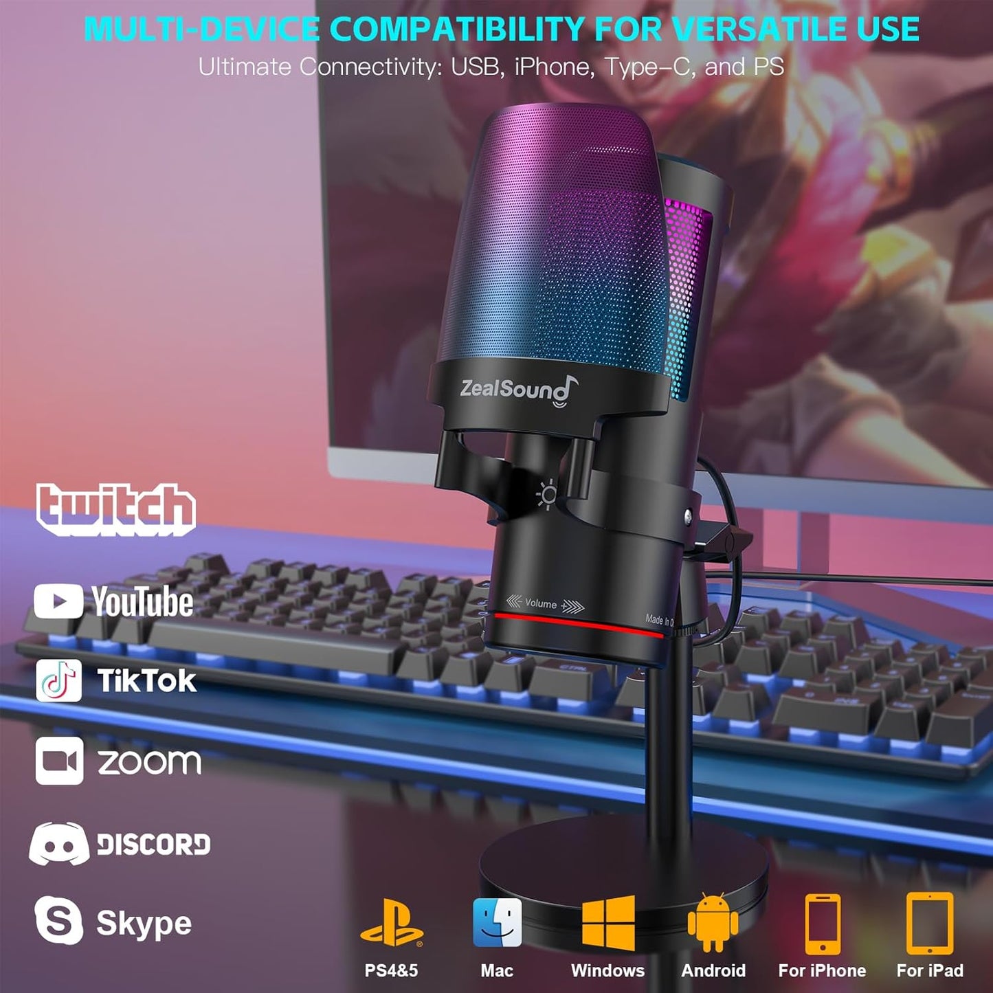 ZealSound Gaming USB Microphone,Noise Cancellation Condenser mic with RGB Light,Touch Mute,Gain,Monitoring for Streaming,Podcast,Twitch,YouTube,Discord,iPhone,iPad,PC,Computer,PS4,PS5,Mac,GamerWave