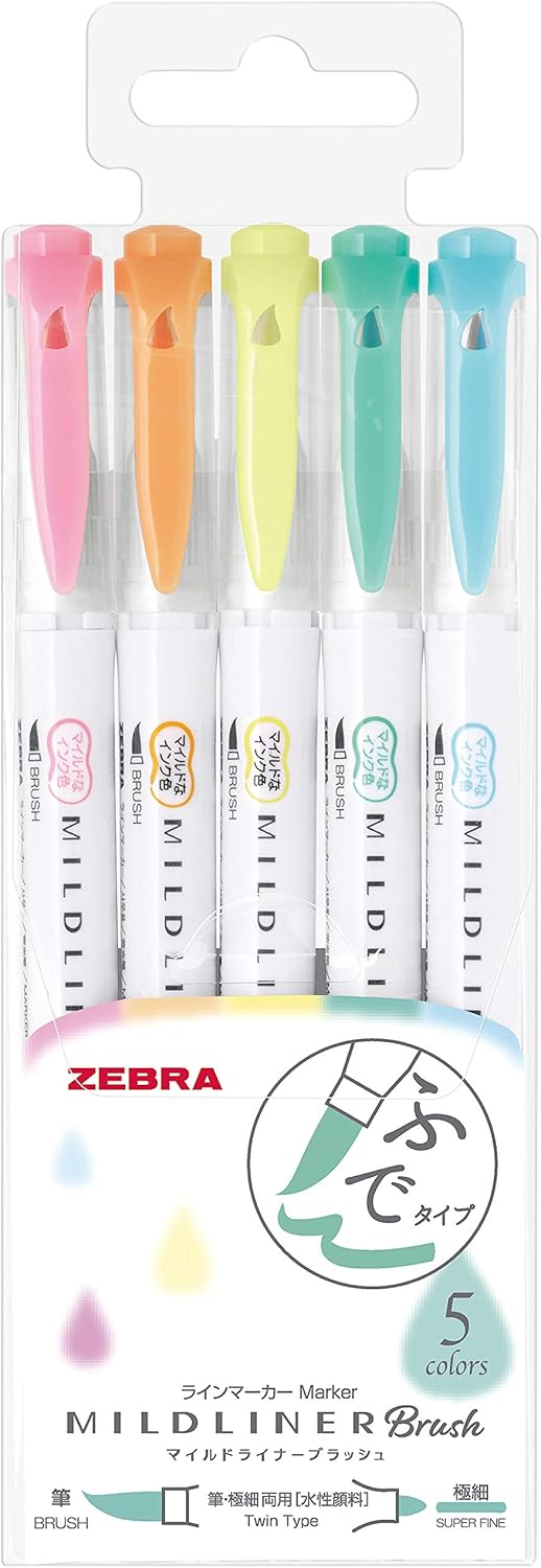 ZEBRA Highlighter Mildliner Brush Honnori fluorescence color 5 Colors Set, WFT8-5C