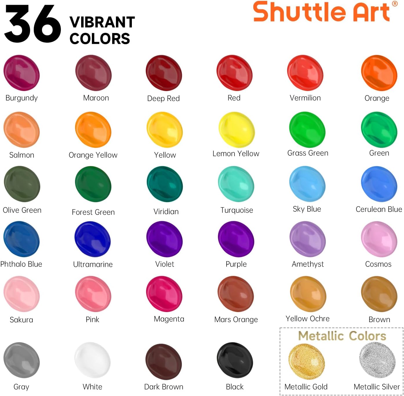 Shuttle Art Acrylic Paint Set, 36 Colors Acrylic Paint with Brushes & Palette, 2oz/60ml Bottles, Rich Pigments Non-toxic for Artists Kids & Adults, Painting on Canvas Rock Ceramic Wood