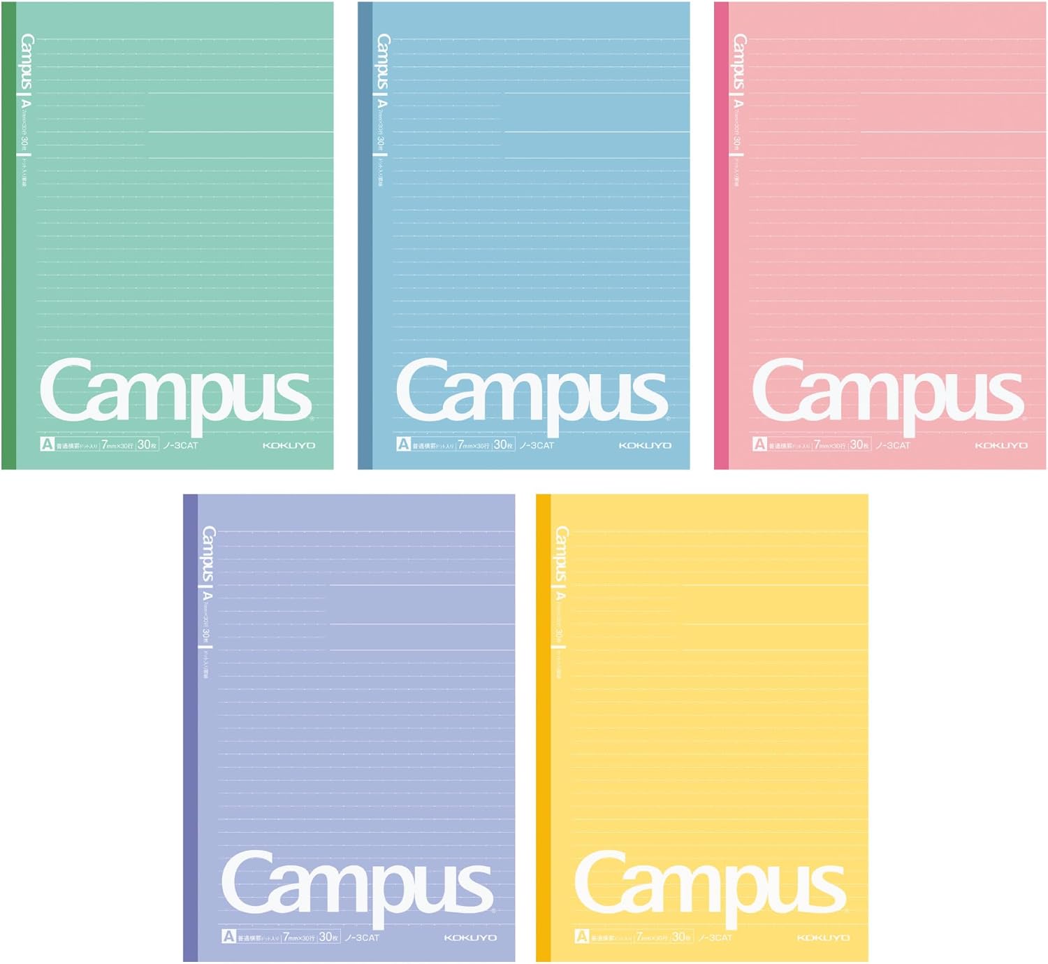 KOKUYO Campus Notebook, 7mm Dot Ruled, Semi-B5, 30 Sheets, 5 Colors, Pack of 5 (NO-3CATNX5)
