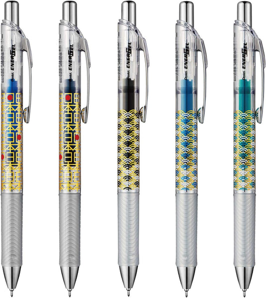 Pentel AMZ-BLN75TLJ12ST EnerGel Ink Ballpoint Pen, 0.02 inches (0.5 mm), Limited Japanese Pattern, 5 Types, Clear