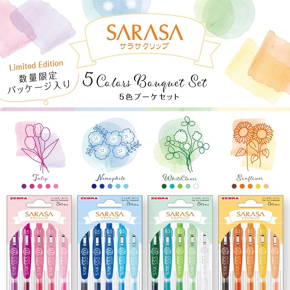 ZEBRA JJ15-WCL-5C Gel Ballpoint Pen, Sarasa Clip, 0.02 inches (0.5 mm), Flower Bouquet, White Close, Set of 5 Colors