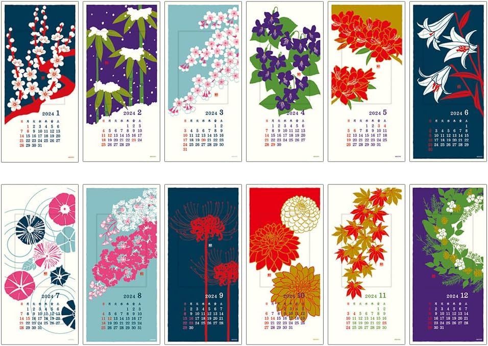 Midori 3130006 2024 Calendar, Wall Hanging, L, Echizen Washi Paper, Traditional Pattern (S (stalk))