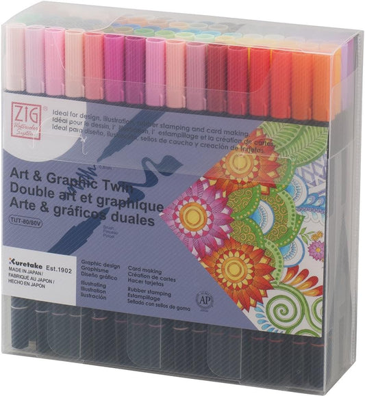 Kuretake ZIG ART & GRAPHIC TWIN 80 colors set, 0.8mm fine tip and the flexible brush, For illustrating, cartooning, Professional quality, AP-Certified, Odourless, Xylene Free, Made in Japan