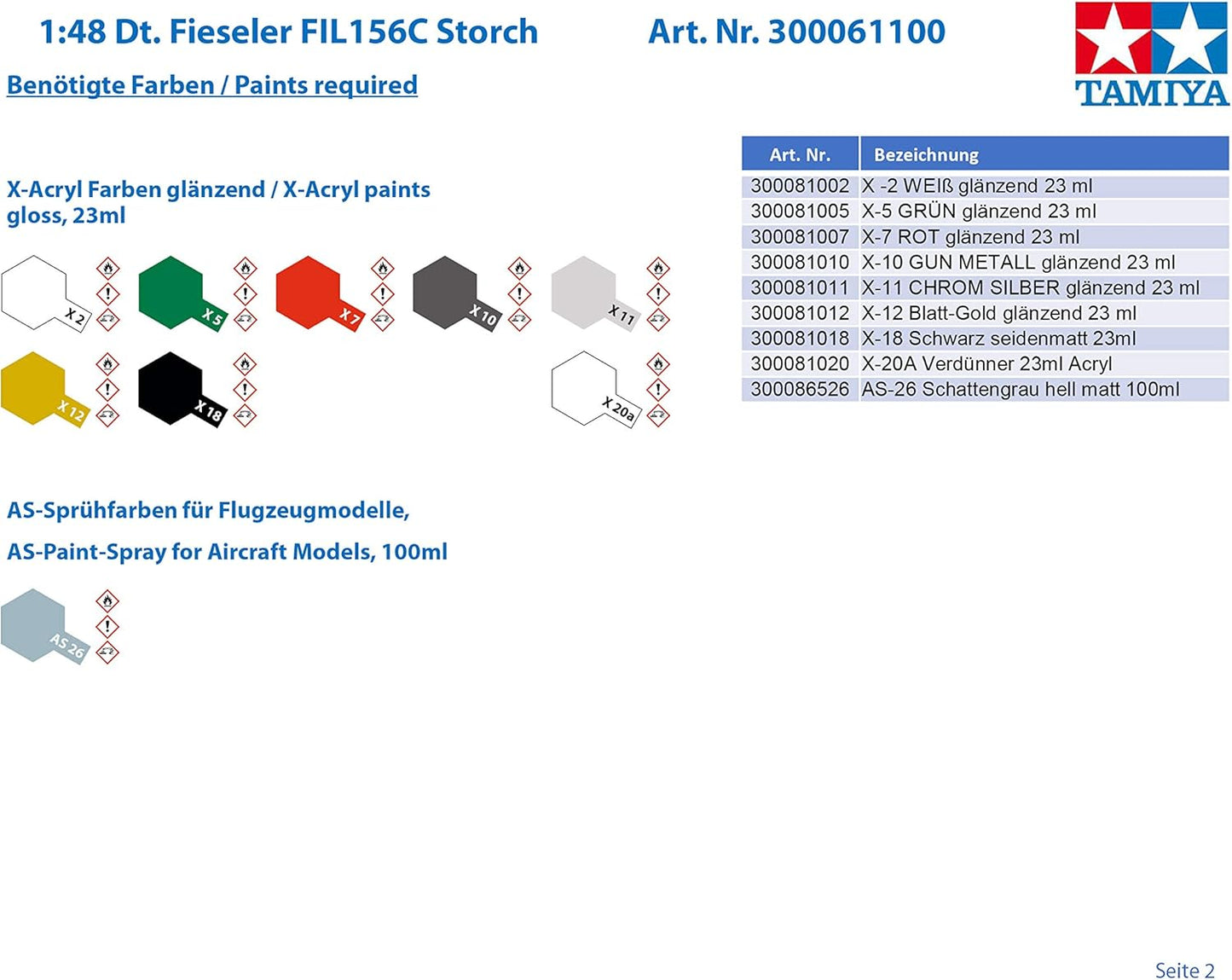 Tamiya Models Fieseler Fi 156C Storch Model Kit