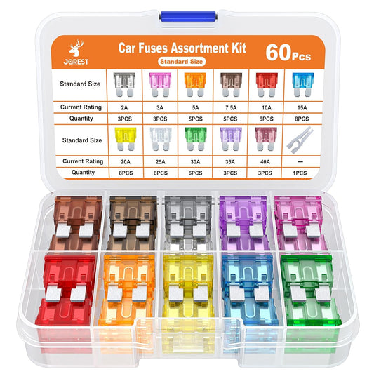 JOREST 60Pcs Car Fuse Kit -Replacement Fuses Assortment Kit for Car/RV/Truck/Motorcycle(2Amp 3A 5A 7.5A 10A 15A 20A 25A 30A 35A 40A) - Standard Blade Fuses Automotive + Auto Fuse Puller