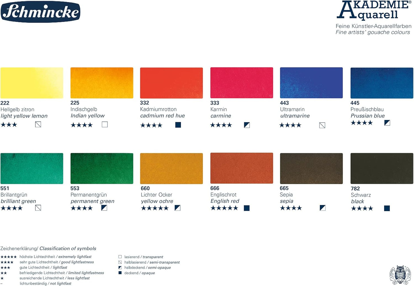 Schmincke - AKADEMIE??AQUARELL Watercolor Compact Color Box, Basic Assortment 12 x 1/2 Pans, 75 112 097, Metal Box, Highly lightfast Colors, fine Artists' Watercolors