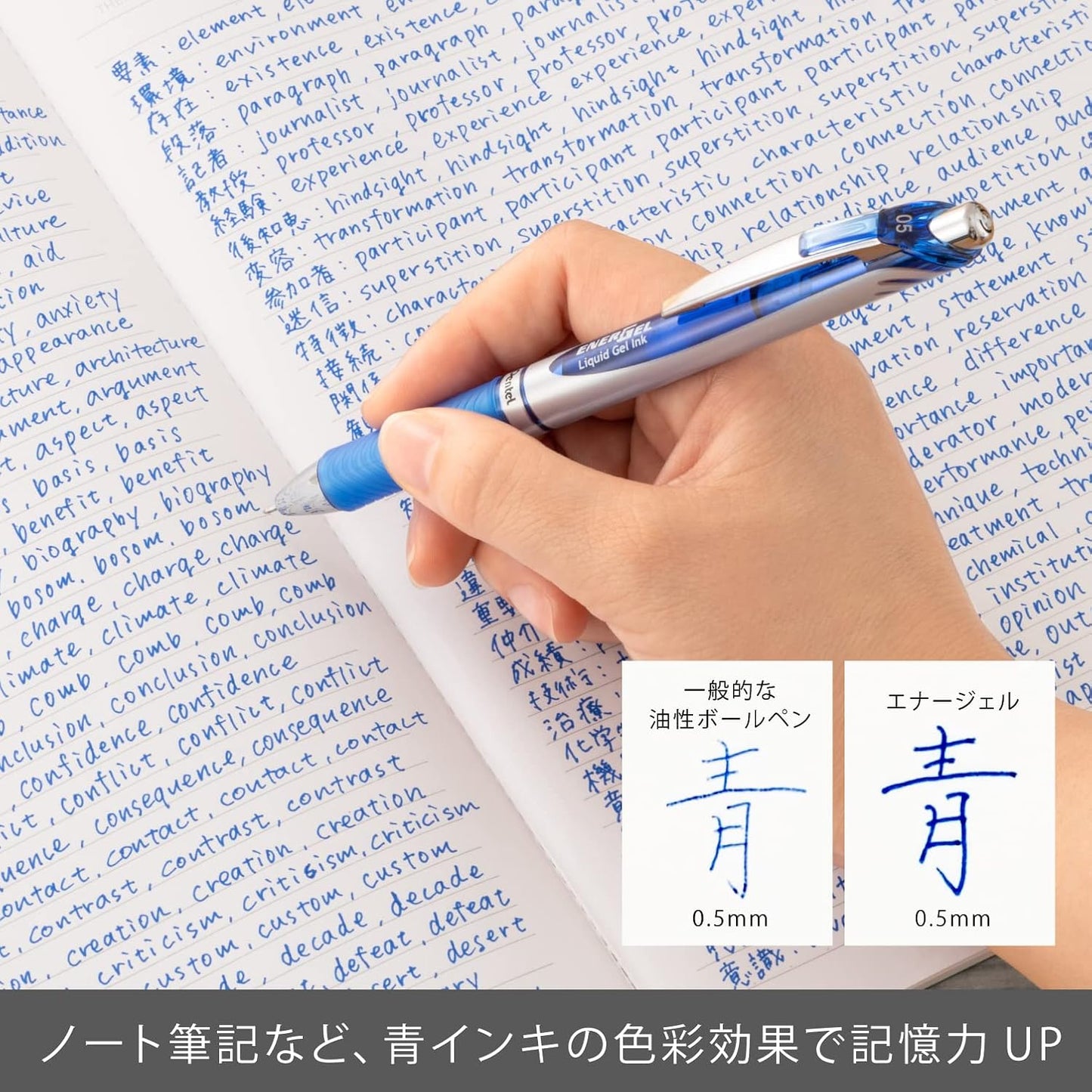 Pentel Energel Knock Ballpoint Pen, 0.5mm Needle Tip, Blue Ink, Silver Body with Blue Accent (BLN75Z-C)