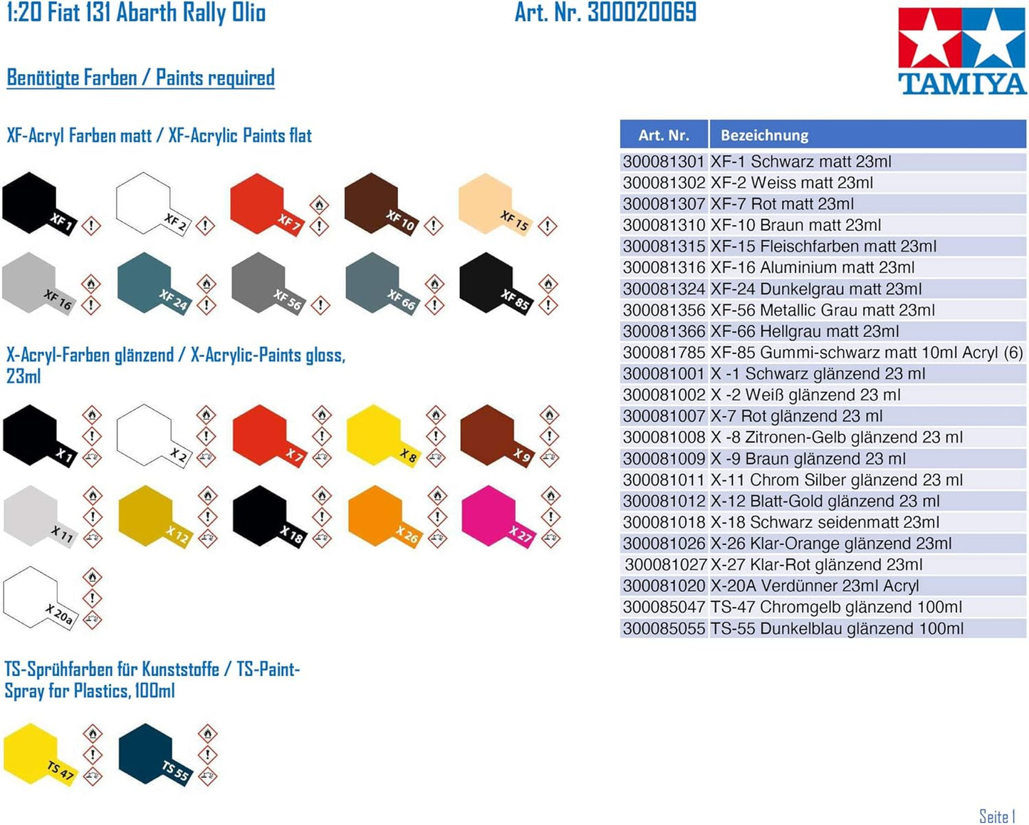 Tamiya 20069-000 300020069 Fiat Vehicle 1:20 131 Abarth Rally Olio, Faithful Replica, Making, Plastic, Crafts, Hobby, Gluing, Model kit, Assembly, unpainted, Blue/Yellow, Mittel