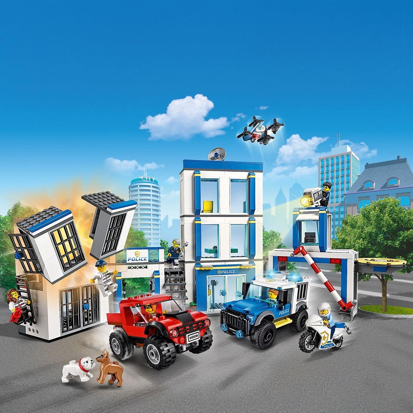 LEGO 60246 City Police Station Building Set with 2 Truck Toys, Light & Sound Bricks, Drone and Motorbike