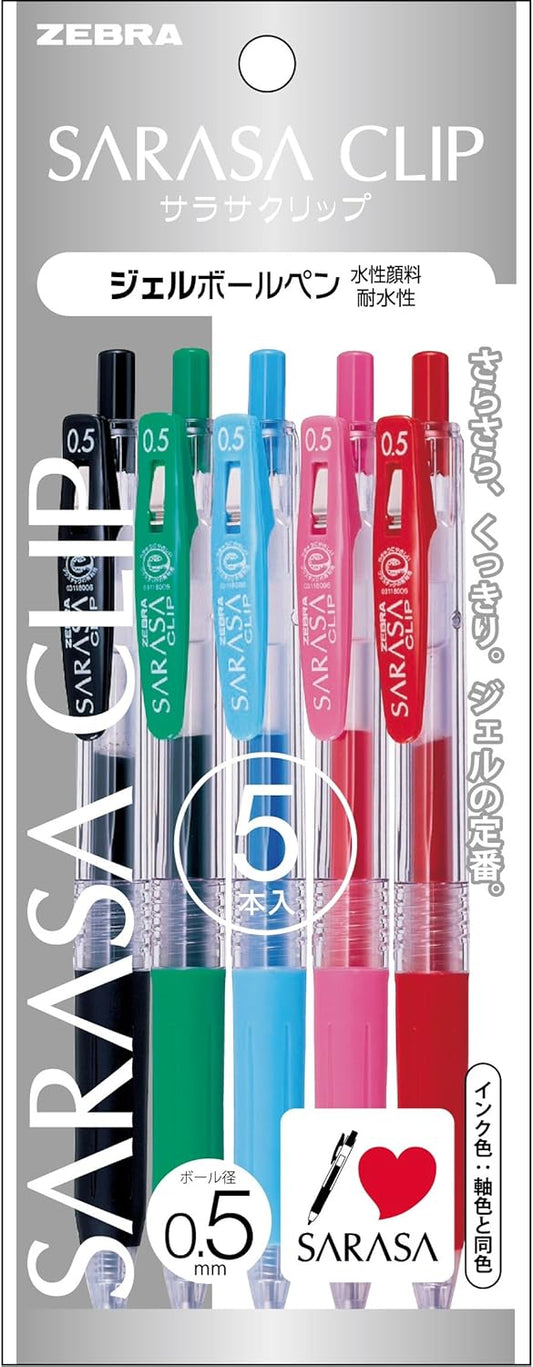 ZEBRA P-JJ15-5A Gel Ballpoint Pen, Sarasa Clip, 0.5, 5 Colors