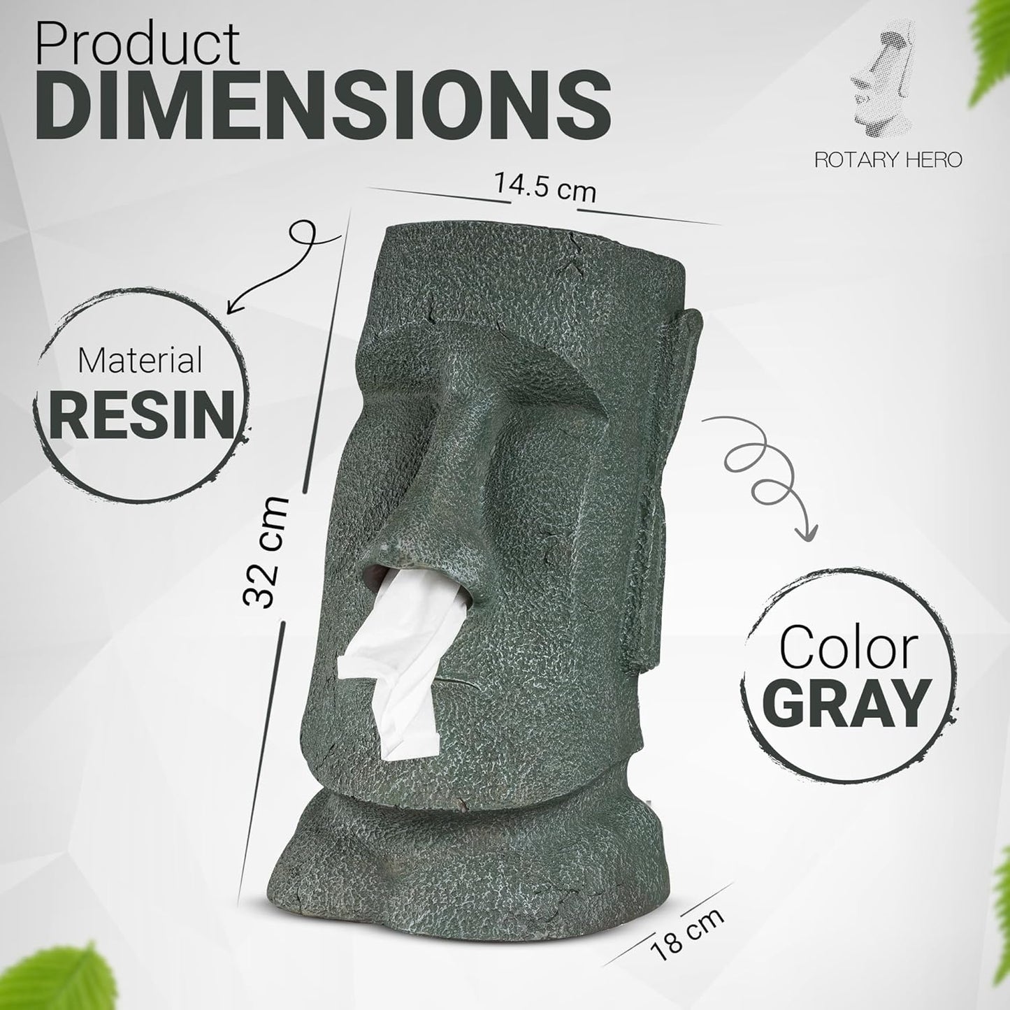Rotary Hero - Moai Tissue Box Holder for Bathroom, Bedroom Dressers, Night Stands, Desks and Tables - Grey