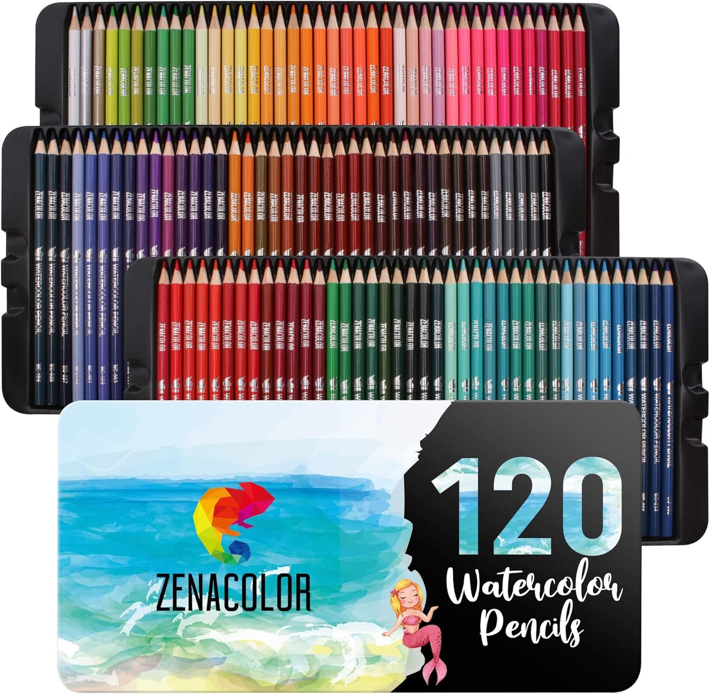 Zenacolor 120 Watercolor Pencils, Numbered, with Brush and Case - Watercolor Pencils Set - 120 Professional, Soluble, Different Color Pencils