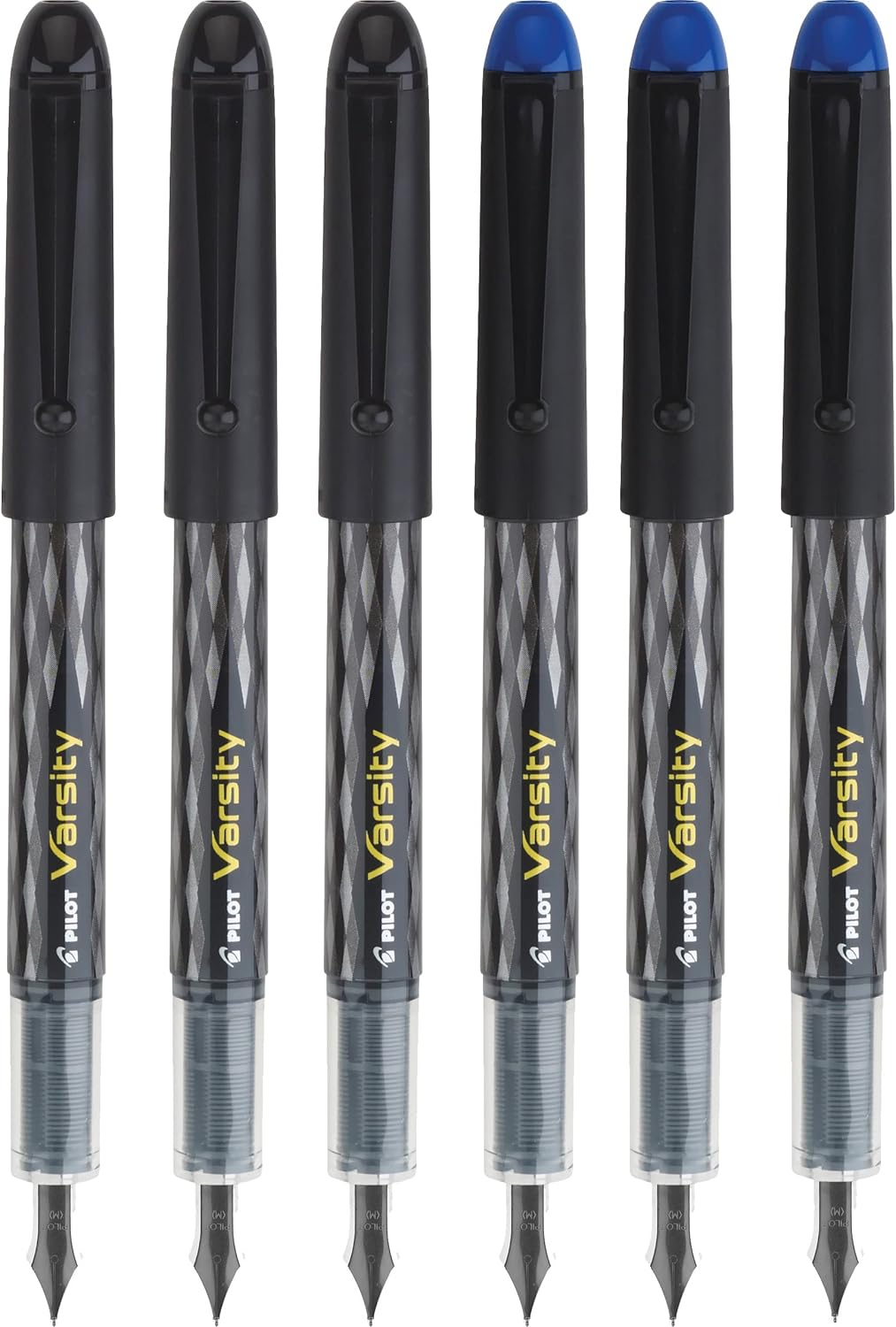 PILOT Varsity Disposable Fountain 6 Pack Combo, 3 Black and 3 Blue Pens
