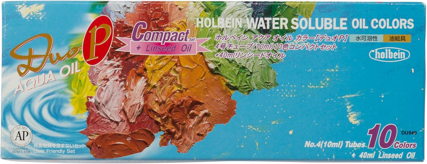 Holbein Duo Aqua Oil Compact Set of 10, 10ml tubes + 40ml Linseed Oil