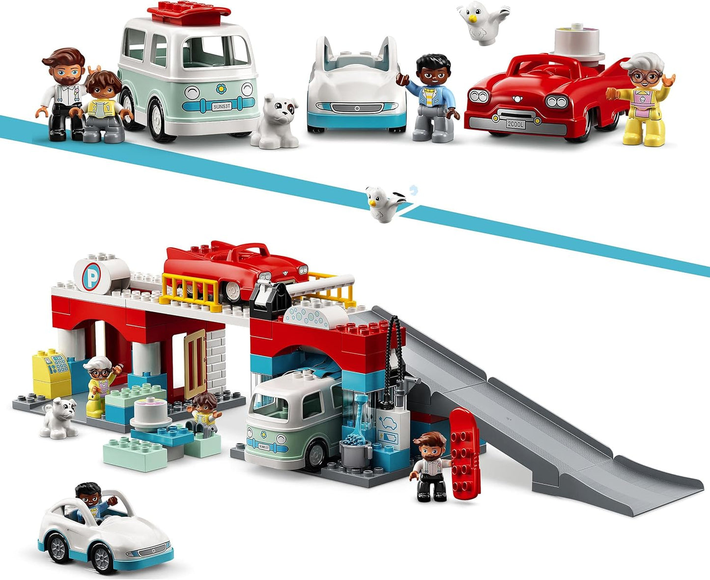 LEGO DUPLO Car Park and Car Wash 10948 – Kids Building Toy with Car Wash, Petrol Station, and Car Park
