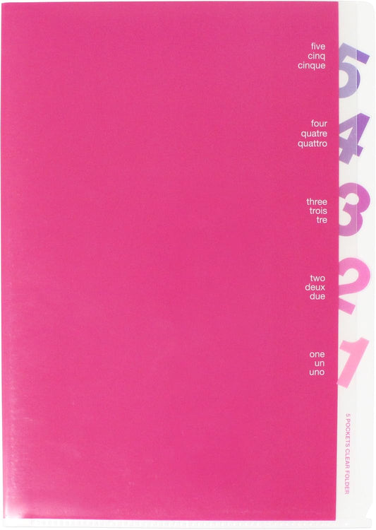 Midori 35101006 Clear File 5 Pocket Clear Holder, A4, Die Cut, Number Pattern, Pink