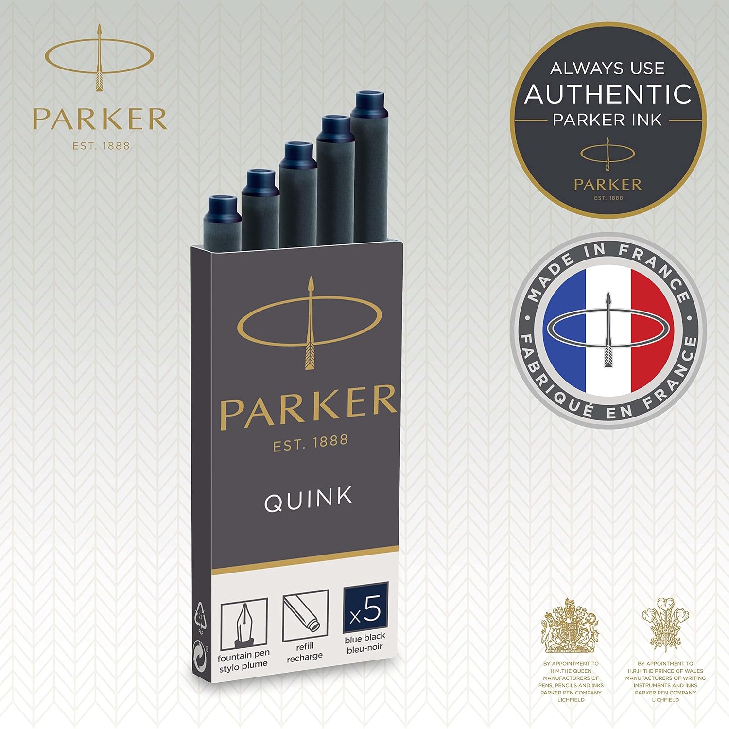 Parker Quink Fountain Pen Refills – Pack of 5 Cartridges (1950382)