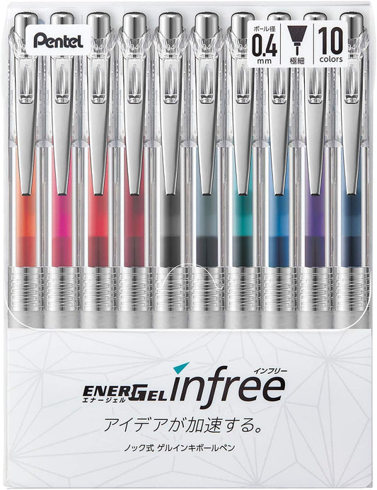 Pentel BLN74TL-10 Gel Ink Ballpoint Pen, ENERGEL IN FREE, 0.4mm, 10 Colors
