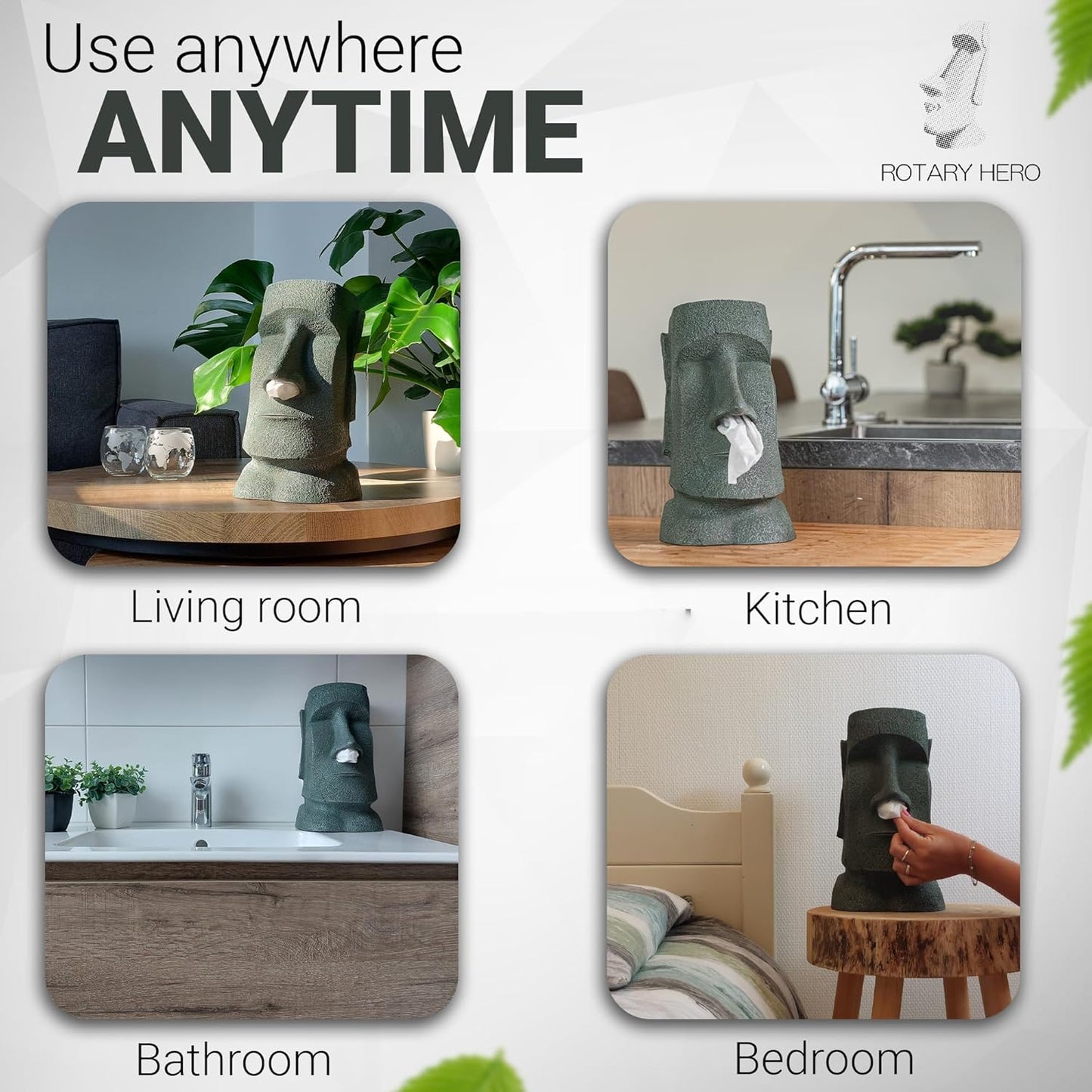 Rotary Hero - Moai Tissue Box Holder for Bathroom, Bedroom Dressers, Night Stands, Desks and Tables - Grey