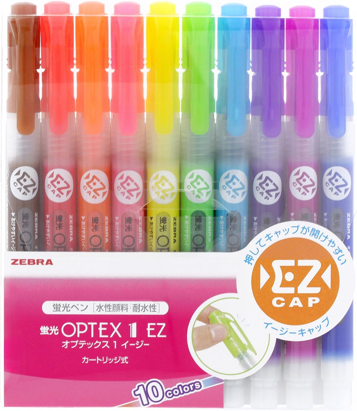 ZEBRA Optex 1 EZ WKS11-10C Highlighter, 10 Colors, Red, Pink, Orange, Yellow, Green, Blue, Dark Blue, Fuchsia, Purple, Brown