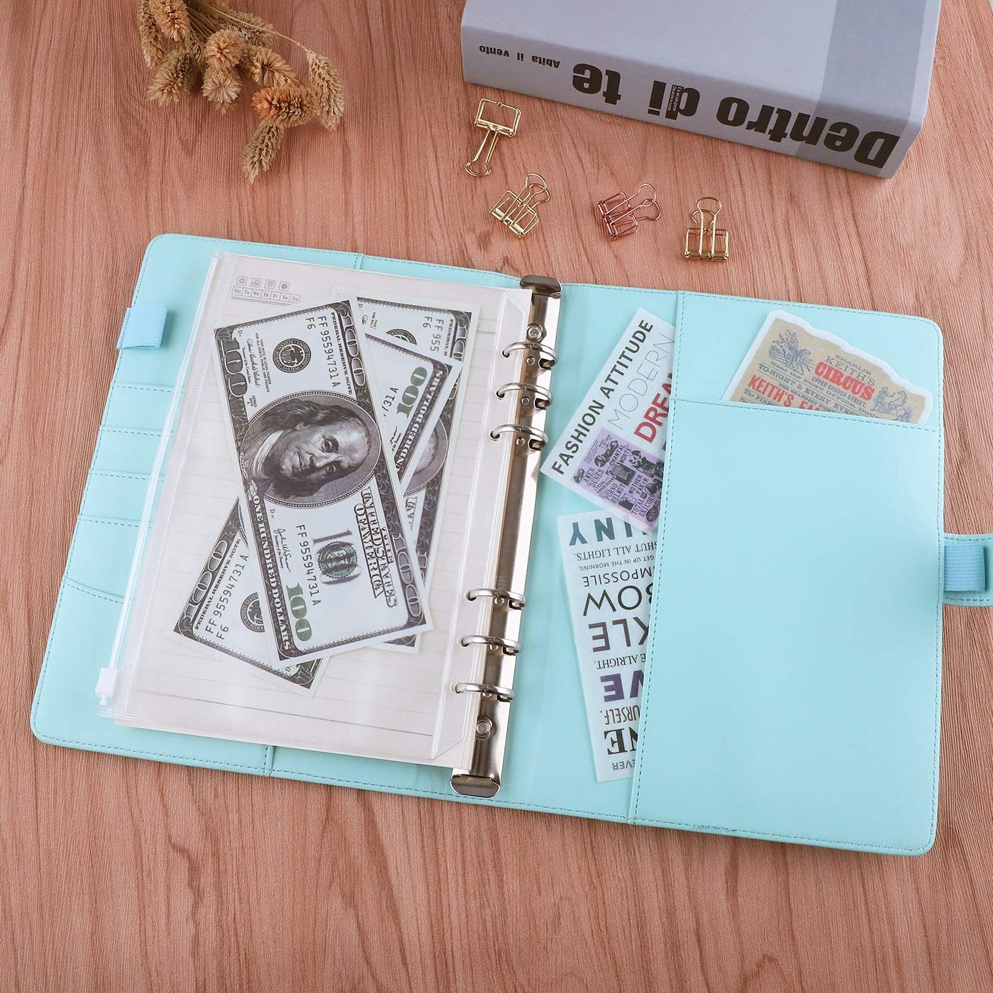 Antner A5 Notebook Binder 6 Ring Refillable Budget Planner Cover for Cash Organizer, PU Leather Loose Leaf Photocard Holder Aesthetic Binder with Magnetic Buckle for A5 Planner Inserts, Mint Blue