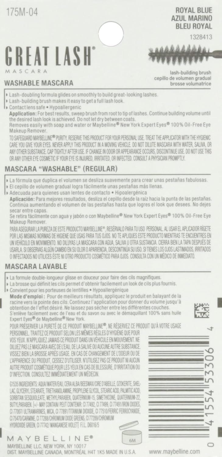 Maybelline Great Lash Washable Mascara, Royal Blue, 1 Tube