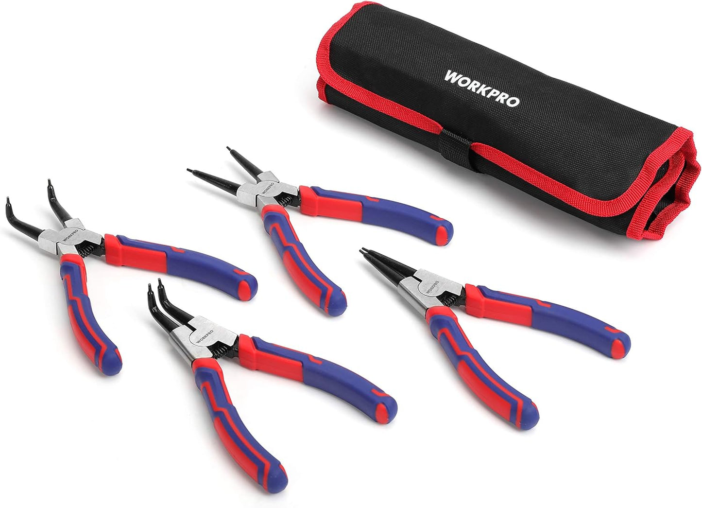 WORKPRO 4-Piece Snap Ring Pliers Set - Heavy Duty 7-inch Internal/External Circlip Pliers Kit (Tip Diameter 5/64'')-Straight/Bent Jaw - Cr-V Steel - For Ring Remover Retaining- Storage Pouch Included