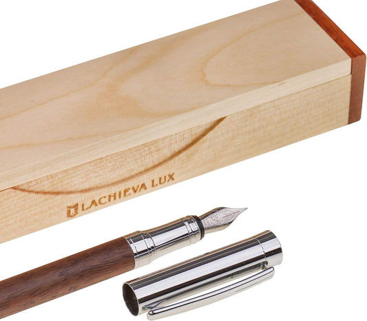 LACHIEVA Luxury Walnut Fountain Pen, Nice Pen with German-made Fine Nib, Converter, Cartridges. Nice Wood Pen Set for Men & Women. Best and Professional, Executive, Office Gift (Walnut).