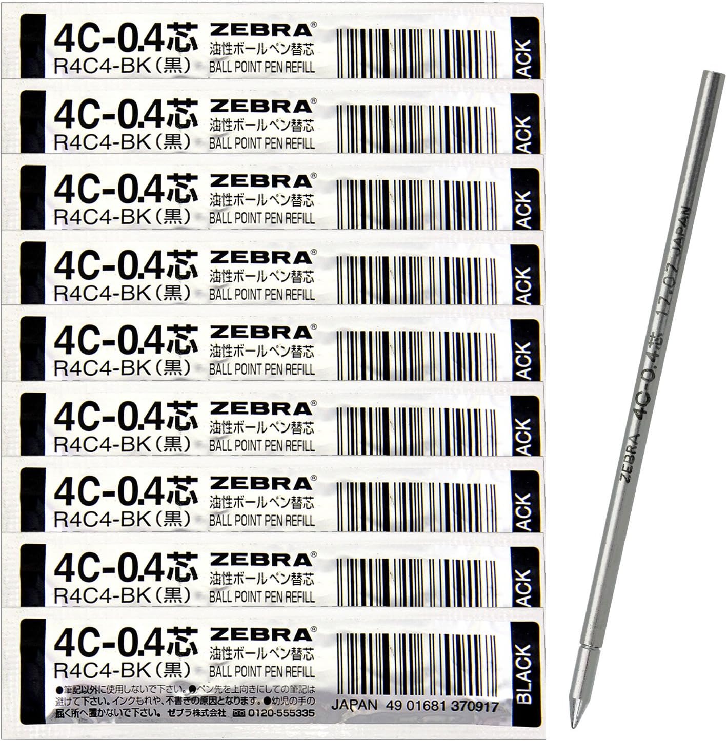 ZEBRA B-R4C4-BK Oil-Based Ballpoint Pen Refill, 4C-0.4 Core, Black, 10 Pieces