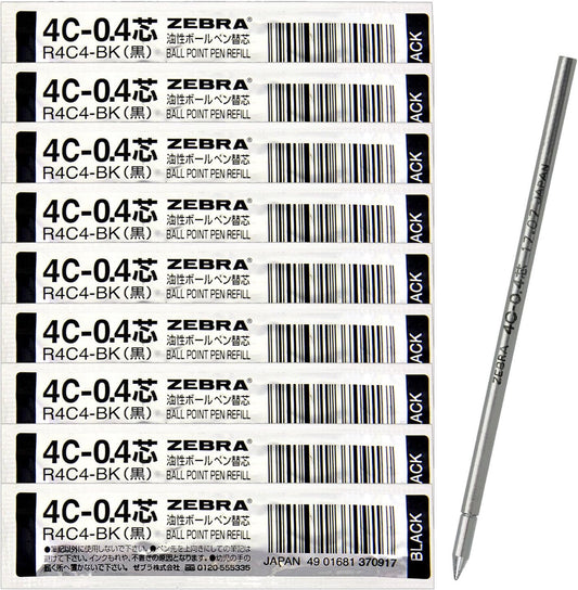 ZEBRA B-R4C4-BK Oil-Based Ballpoint Pen Refill, 4C-0.4 Core, Black, 10 Pieces
