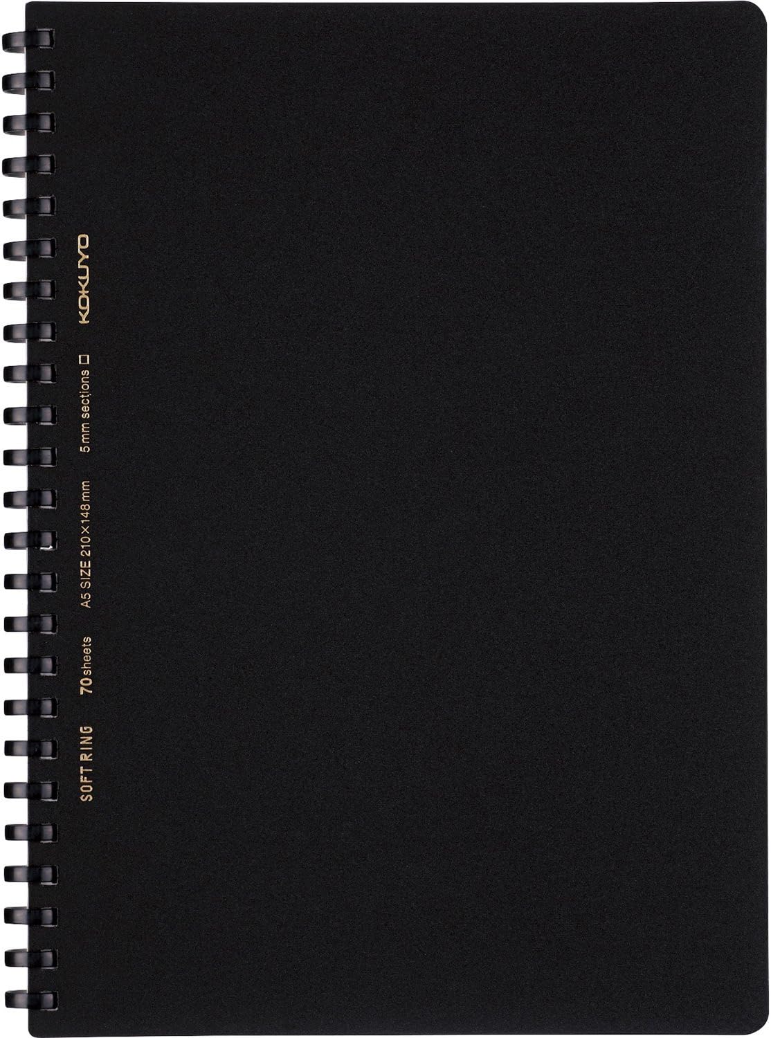 Kokuyo Spiral Graph Notebook, 8.3'' x 5.8'' Business Journal A5 Soft Ring Notebooks with 5mm Grid Ruled, 70 Perforated Sheets, Black 1 Subject Notebook, Note Taking for Work.Japan Import(SU-SV437S5-D)