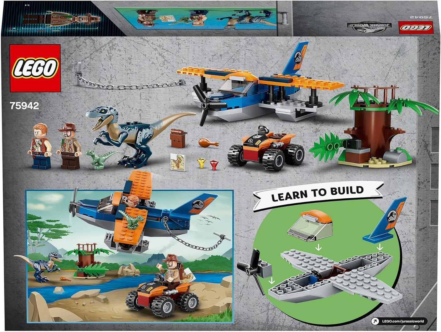 LEGO 75942 Jurassic World 4+ Velociraptor: Biplane Rescue Mission Dino Toys for Preschool Kids